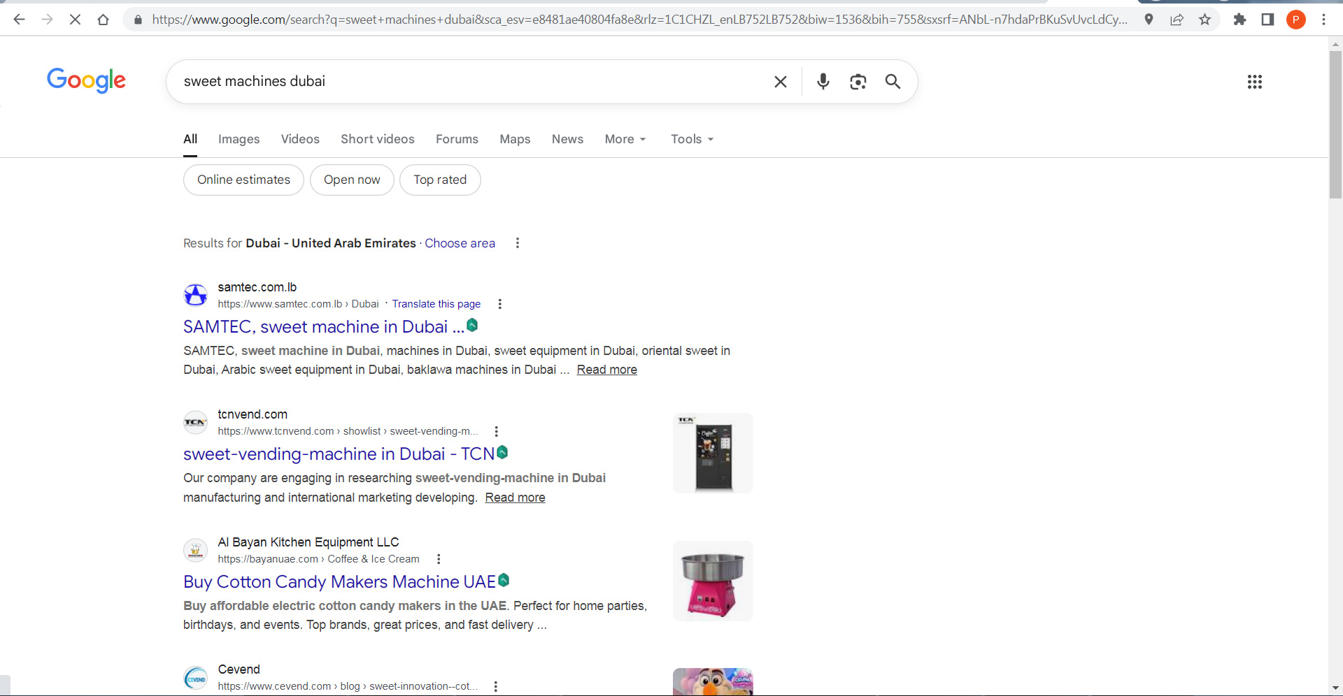 Google search result for sweet machines Dubai