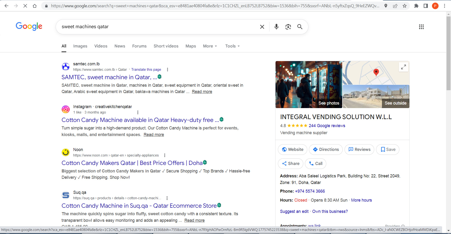 Google search result for sweet machines Qatar