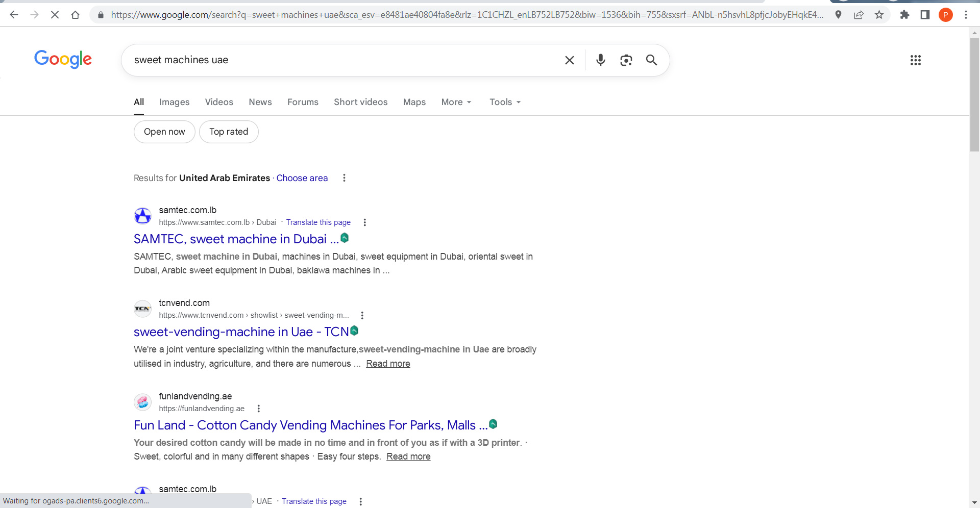 Google search result for sweet machines UAE